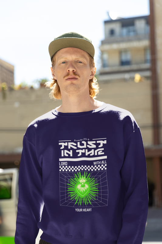 Christian male wearing Unisex Sweatshirt Proverbs 3:5-6